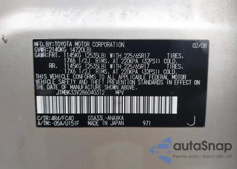 2008 Toyota Rav4 Base V6 z USA, uszkodzony, nr VIN JTMBK33V286040312